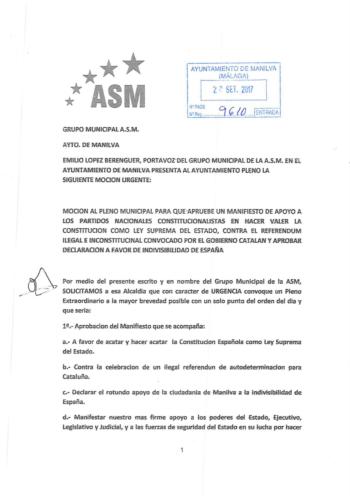 El grupo municipal de la A.S.M. en el Ayuntamiento de Manilva presenta solicitud de Pleno Extraordinario y Urgente para aprobar Manifiesto a favor de la Constitución y de la unidad de España