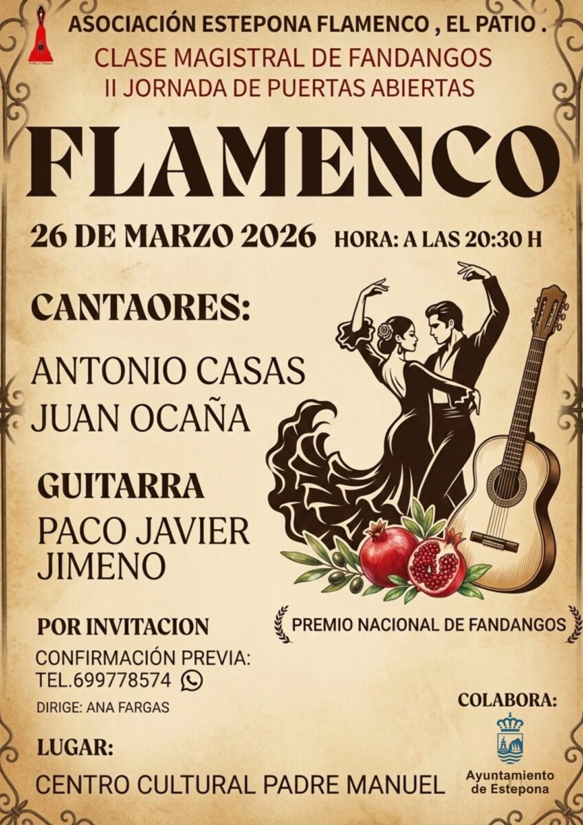 La Asociación Estepona Flamenco El Patio celebra este jueves su II Jornada de Puertas Abiertas con una clase magistral de Fandangos y entrada gratuita