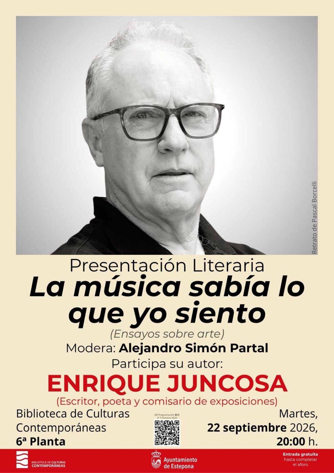 Estepona reúne a Enrique Juncosa en un encuentro sobre arte contemporáneo y poesía el 22 de septiembre